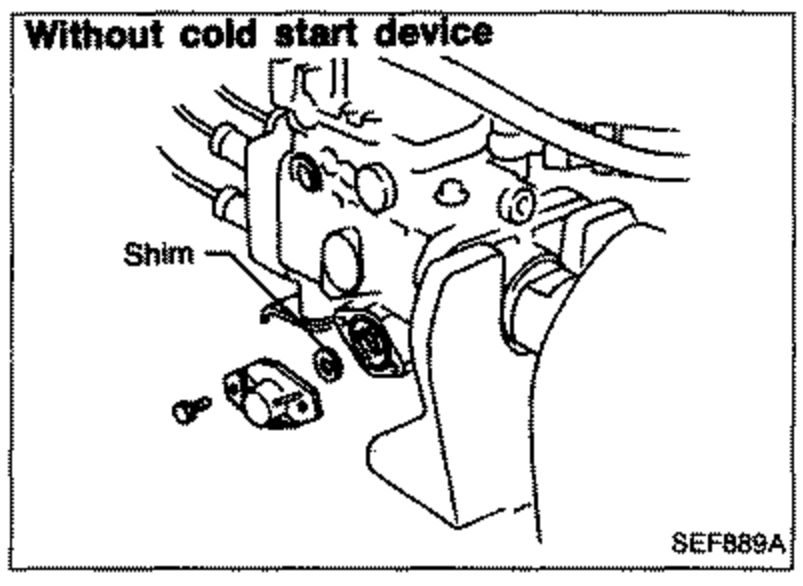 Illustration labelled 'Without cold start device' showing the timer with a shim being added on the low-pressure side. Label 'Shim' points to the shim location.