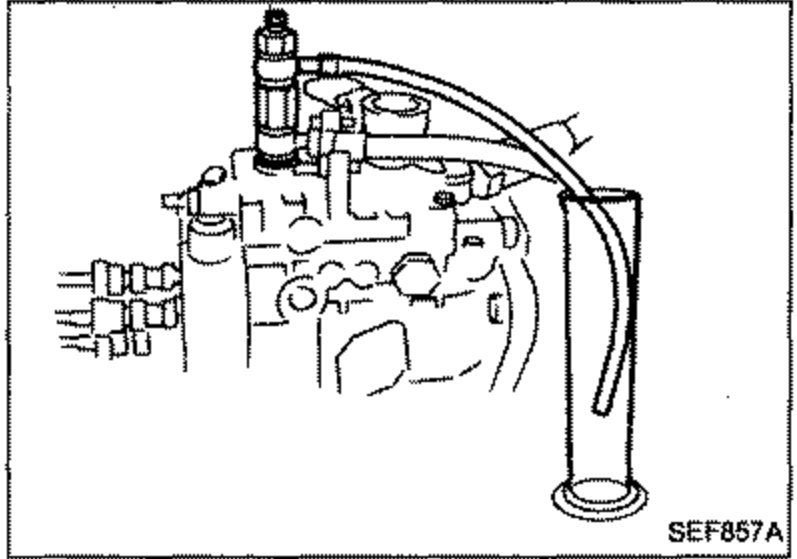 Illustration of the injection pump with the overflow line/return pipe routed into a measuring container, for measurement of overflow amount.