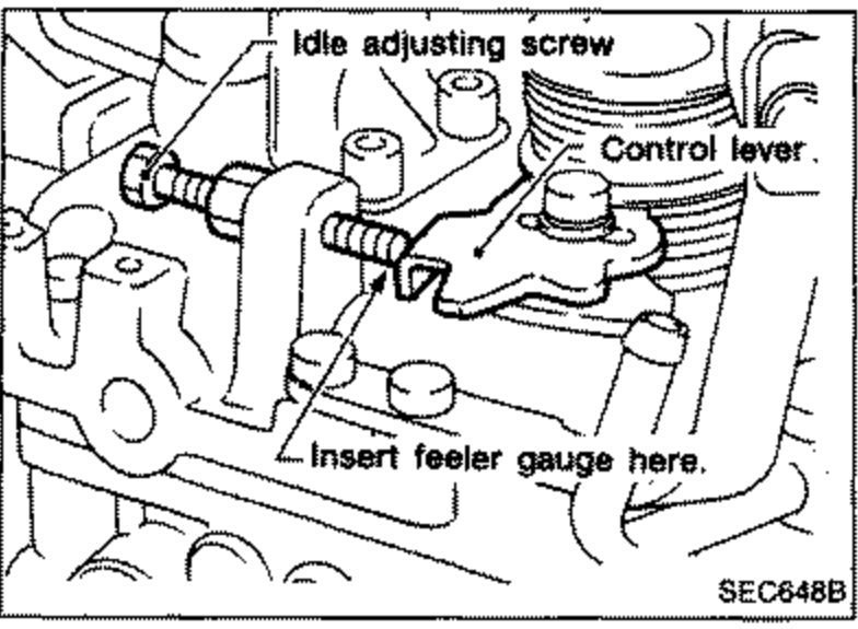 Illustration showing the idle adjusting screw and control lever with a feeler gauge inserted between them ("Insert feeler gauge here"). Callouts label the idle adjusting screw and control lever.