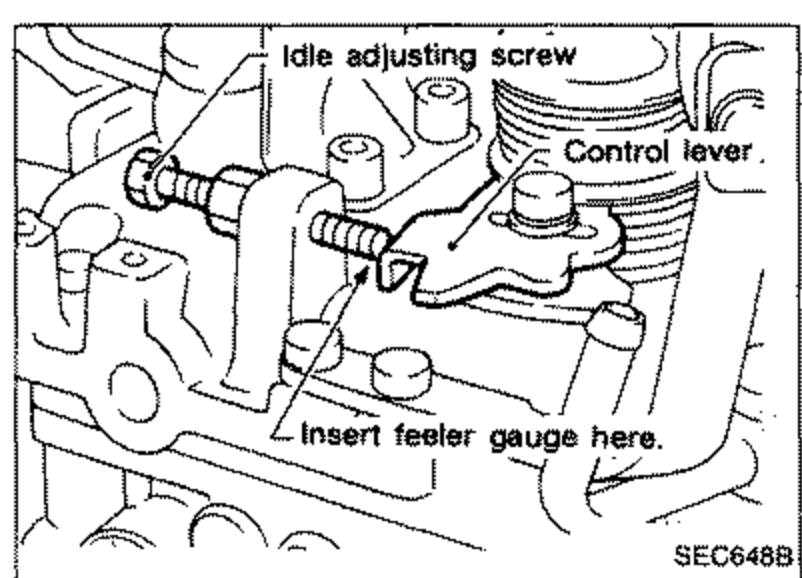 Illustration showing the idle adjusting screw and control lever with a feeler gauge inserted between them ("Insert feeler gauge here"). Callouts label the idle adjusting screw and control lever.