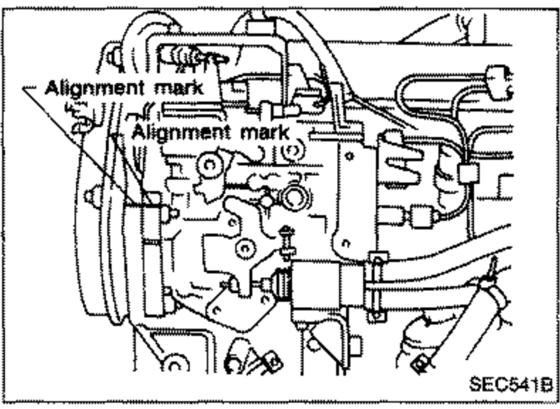 Illustration of the injection pump flange showing alignment marks to be matched when temporarily securing injection pump bolts, with a dimension marker (≈110).