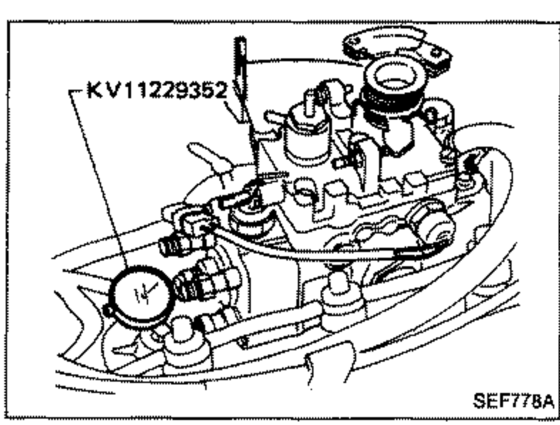 Illustration of the injection pump top with a dial gauge (tool KV11229352) mounted to read plunger lift, with injection tubes and air bleeder removed.