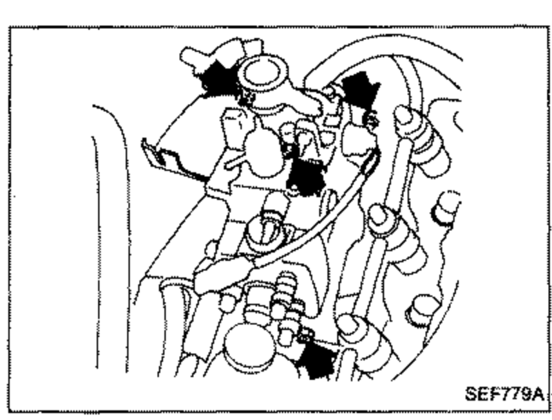 Illustration of the injection pump showing the securing bolts and nuts (with tightening arrows) and the dial gauge / air bleeder location on the pump.
