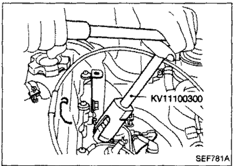 Illustration showing a special tool (KV11100300) engaged on the injection nozzle area of the engine for removal/installation of the nozzle assembly.