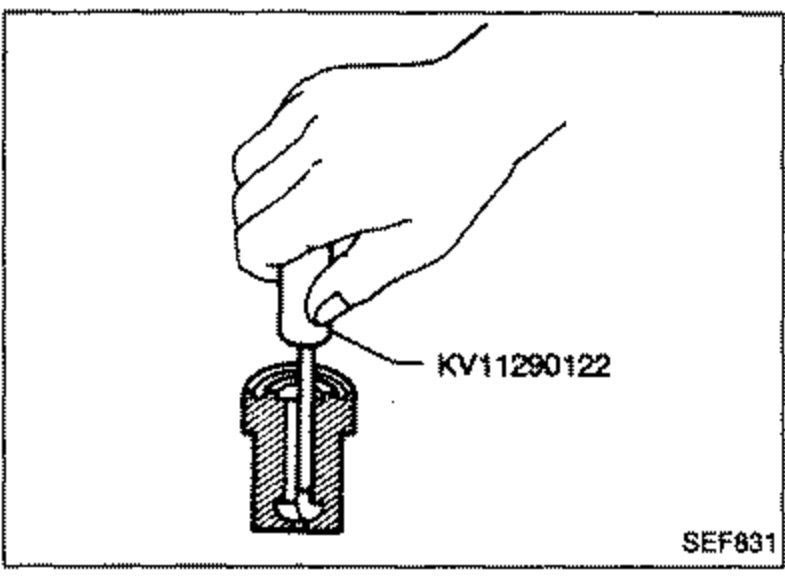 Illustration of a hand using special tool KV11290122 to clean the oil sump of the nozzle body.