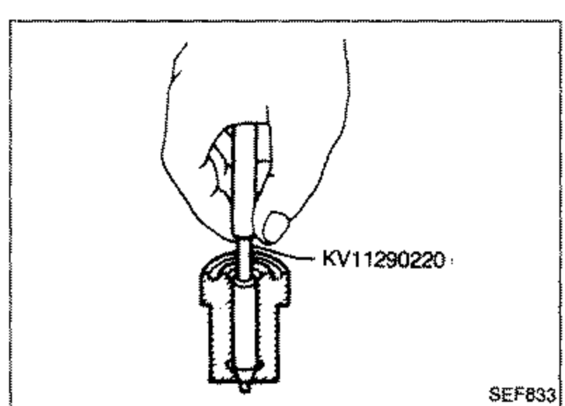 Illustration of a hand using special tool KV11290220 to clean the spray hole of the nozzle body.