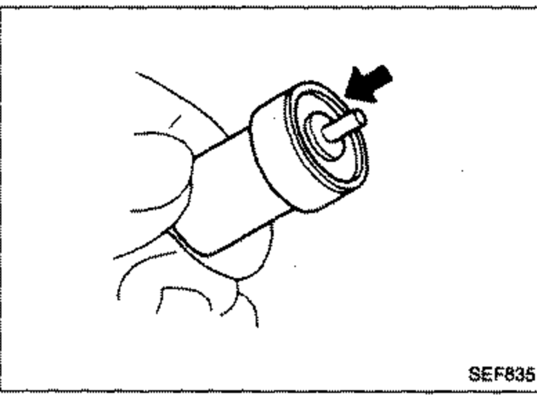 Illustration of the nozzle body held in hand with an arrow indicating the needle being pulled out about halfway, demonstrating the needle sinking test.