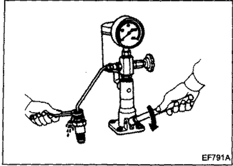 Illustration of a nozzle installed on an injection nozzle tester with a pressure gauge; hands shown bleeding air from the flare nut.