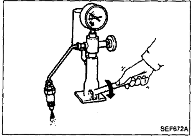 Illustration of the nozzle tester being pumped by hand while watching the pressure gauge; nozzle spraying diesel fuel.