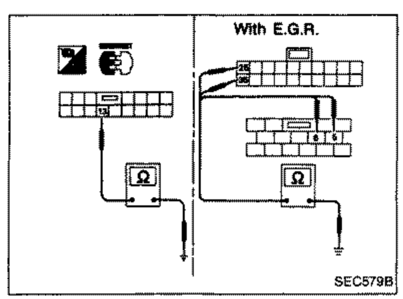 Connector/terminal diagram labelled 'With E.G.R.' showing harness connectors with a resistance/continuity meter symbol (Ω) connected at two points. Top-left of the four stacked diagrams illustrating ground continuity check.