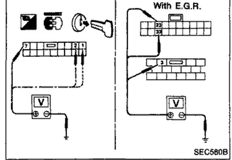 Connector/terminal diagram labelled 'With E.G.R.' showing harness connectors with voltmeter (V) symbols connected at two points, illustrating voltage check at terminals.