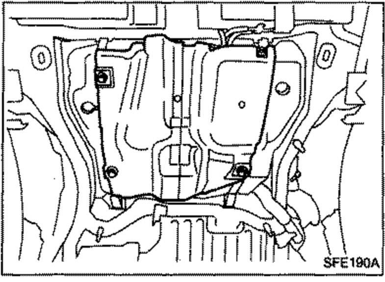 Underbody view showing the fuel tank protector being removed from beneath the fuel tank.