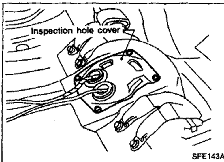 View beneath the rear seat showing the inspection hole cover (labeled) over the fuel pump and gauge unit for 2WD E.C.C.S. engine models.