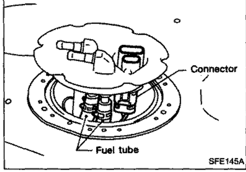 View of the fuel gauge assembly being removed with tubes and connector disconnected. Labels: Connector, Fuel tube.