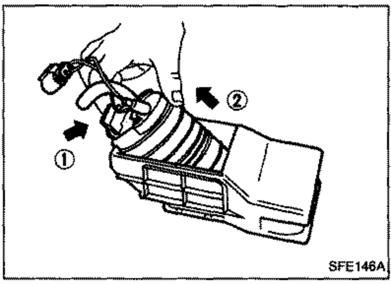 Illustration of the fuel pump removal with directional arrows numbered 1 and 2 showing the motion to release and remove the pump from its bracket.