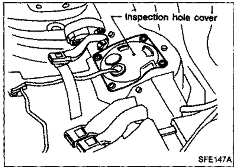 View beneath the rear seat showing the inspection hole cover (labeled) over the fuel gauge unit for 2WD except E.C.C.S. engine models.