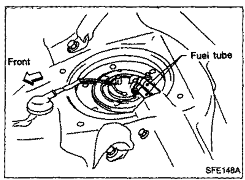 Top view of the fuel gauge unit mounting plate showing fuel tubes being disconnected. Labels: Front (with arrow), Fuel tube.