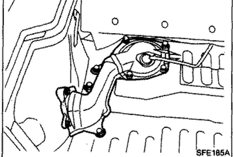 View of the luggage compartment floor showing the inspection hole cover and vent tube cover location for 4WD models fuel gauge removal.