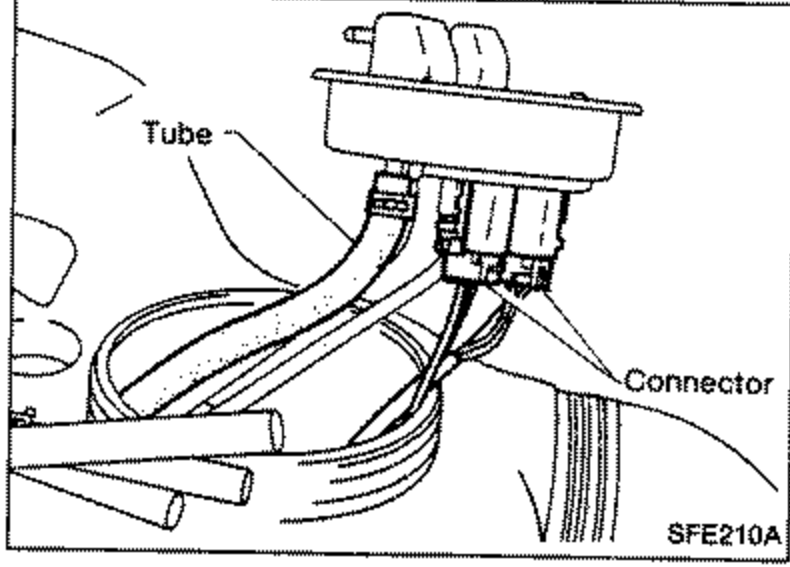 View of the upper plate lifted to disconnect the tube and harness connector and remove the fuel pump. Labels: Tube, Connector.