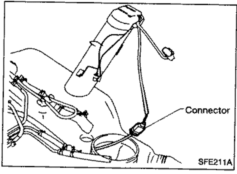 View showing the harness connector being disconnected from inside the fuel tank to remove the fuel gauge. Label: Connector.